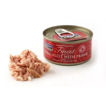 Mitrā kaķu barība FISH4DOGS Tunciša fileja ar garnelēm 70 g — konservēta mitrā barība, 83% mitruma, 14% olbaltumvielu, bez lipekļa un sojas