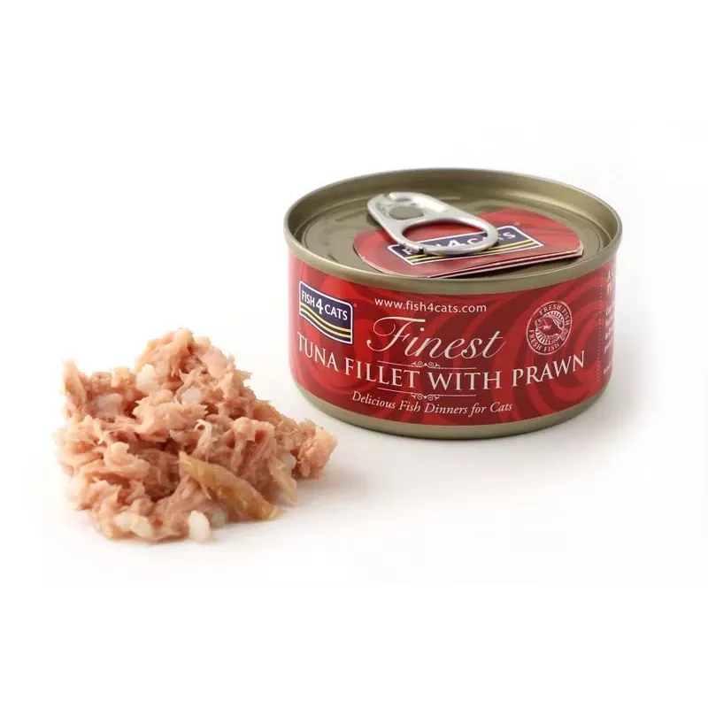 Mitrā kaķu barība FISH4DOGS Tunciša fileja ar garnelēm 70 g — konservēta mitrā barība, 83% mitruma, 14% olbaltumvielu, bez lipekļa un sojas