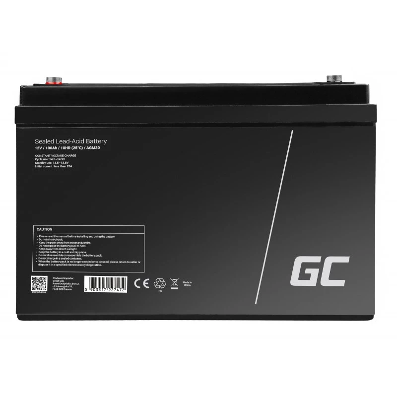 Transportlīdzekļu/jūras atpūtas akumulators zaļa Cell AGM30 12 V 100 Ah Hermētisks svina-skābes (VRLA), bez apkopes, 171×214×330 mm