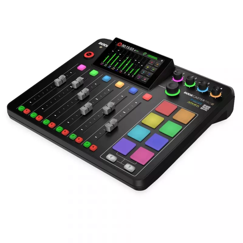 Studijas kontrolleris RØDE Caster Pro II melns — 4 XLR/TRS kombinētās ieejas, 4 austiņu izejas, 8 bloki, skārienekrāns, Wi‑Fi, Bluetooth, USB‑C