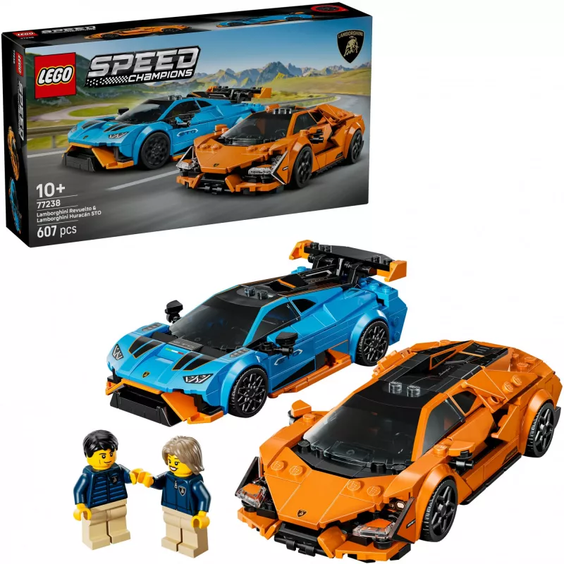 Konstruktors LEGO Speed Champions komplekts 77238 — Lamborghini Revuelto & Huracán STO, 607 detaļas, 2 minifigūras, ieteicamais vecums 10+