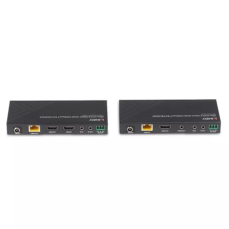 Lindy 150m Cat.6 HDMI 4K60, IR un RS-232 HDBaseT pagarinātājs, 3840 x 2160 pikseļi, AV raidītājs un uztvērējs, 150 m, vadu, melns, HDCP