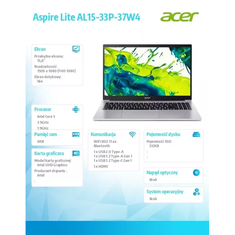 Klēpjdators Acer Aspire Lite Core i3 N355, 15,6 collu displejs, 8GB RAM, 512GB SSD, bez OS