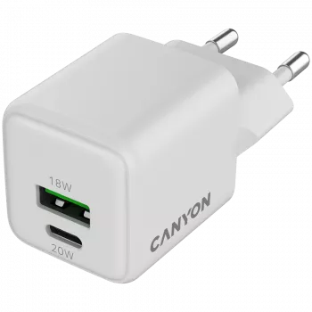Canyon lādētājs CU20AC GaN 20W PD, 2 porti (USB-A/USB-C) balts (CNS-CUW20AC)
