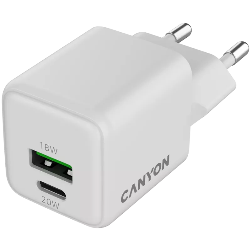Canyon lādētājs CU20AC GaN 20W PD, 2 porti (USB-A/USB-C) balts (CNS-CUW20AC)
