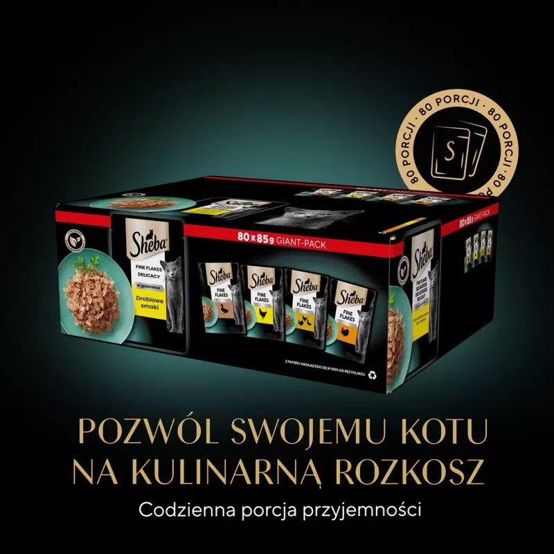 Mitrā kaķu barība Sheba vistas, pīles, tītara 85 g paciņa (80 × 85 g) pieaugušiem kaķiem, mitrums 86%