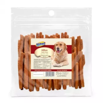 Suņu cienasts Hilton Rabbit Strips 500 g — diētiskais kārums no truša gaļas, 500 g paciņa, 30% olbaltumvielu, 3% tauku