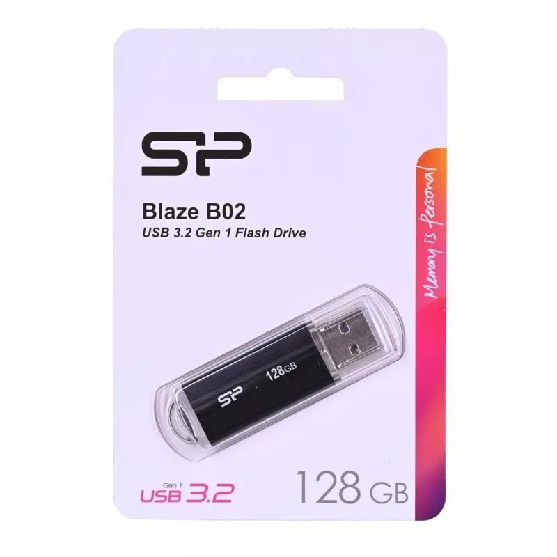 USB zibatmiņa Silicon Power 128 GB USB Type-A 3.2 Gen 1 Blaze B02, plastmasas vāciņš, atslēgu gredzens, melna