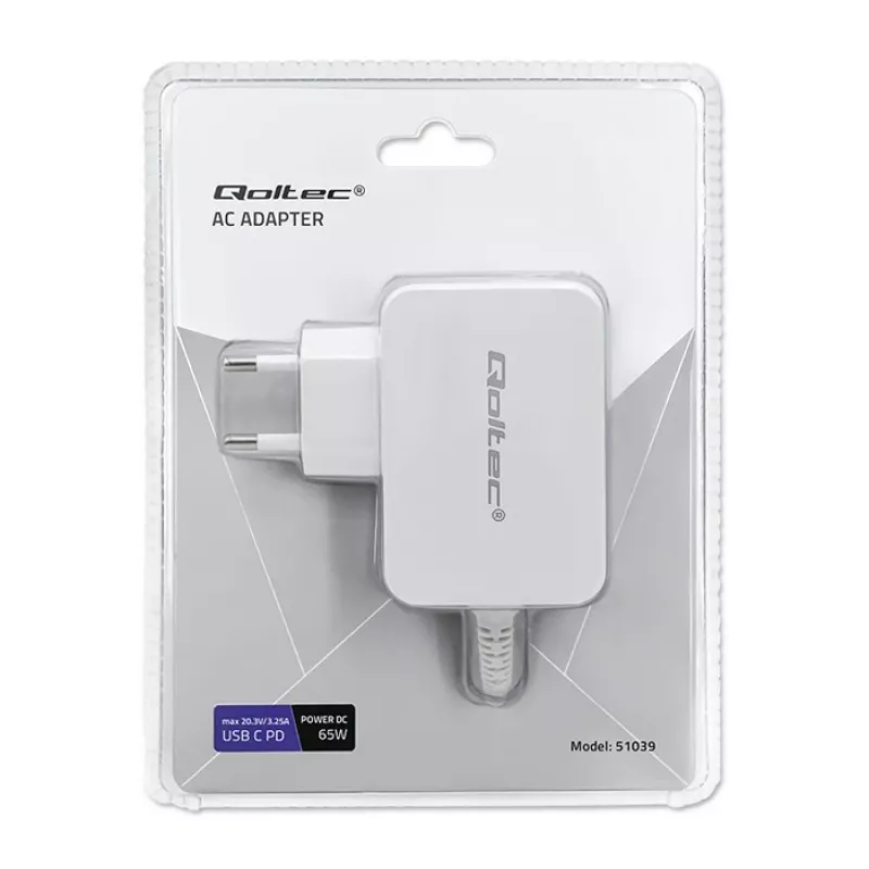 Barošanas adapteris QOLTEC 51039 65W AC-to-DC 220–240V 20.3V/3.25A Type C balts, 1.7 m kabelis