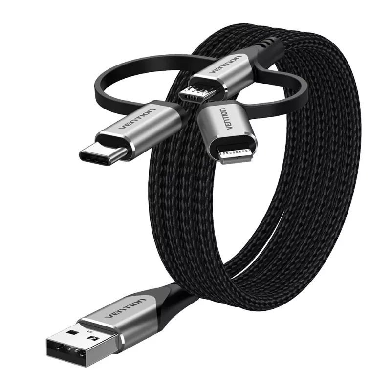 Vention USB 2.0 A vīr. uz 3-in-1 Micro-B&USB-C&Lightning vīr. kabelis 1M pelēks alumīnija sakausējuma tips