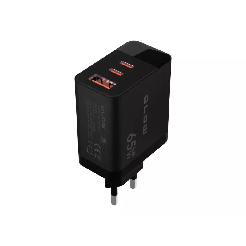 LCD sienas lādētājs USB ligzda + USB-Cx2 PD 65W GAN melns jaudas mērītājs
