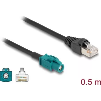 DELOCK tīkla kabelis 91371 — HSD Z uz RJ‑45, zeltīti kontakti, 0,5 m, melns