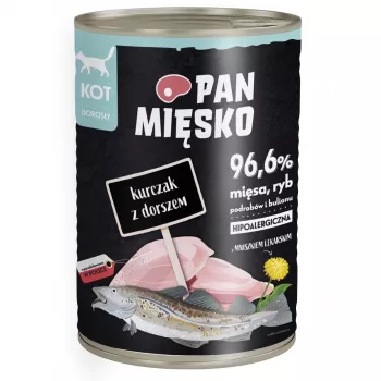 Mitrā kaķu barība Pan Miesko ar vistu un mencu 400 g — pieaugušiem, bez graudaugiem, alerģiskiem kaķiem