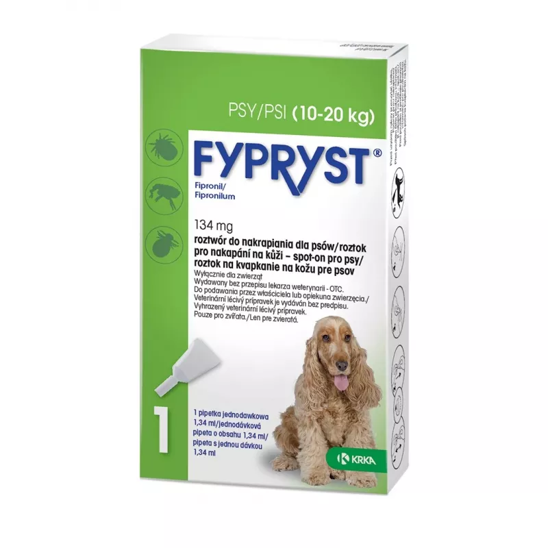 FYPRYST 134mg M (10-20kg) - pilieni pret blusām un ērcēm suņiem – 1x1,34ml
