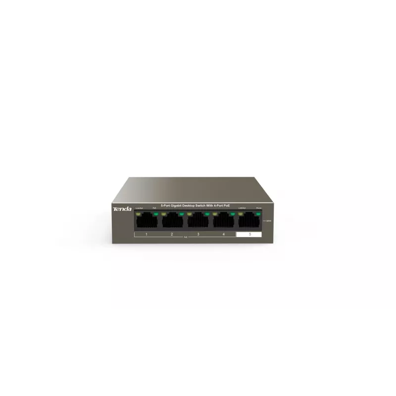 TENDA TEG1105P-4-63W-EU tīkla komutators, 5x Gigabit RJ-45, 4x PoE (57,8 W kopā), 10 Gbit/s komutācija