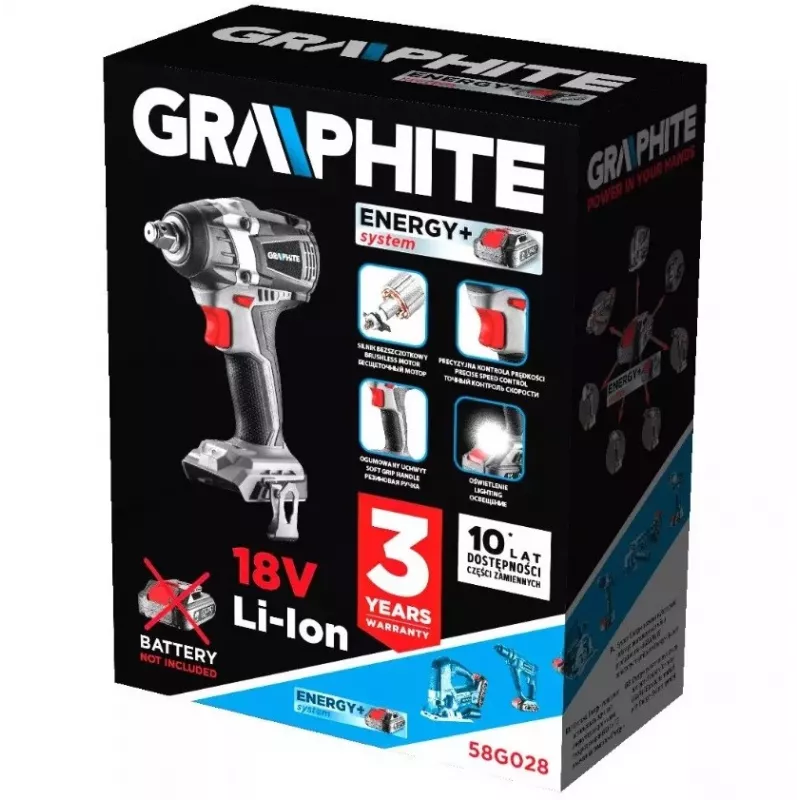 Graphite Energy+ 18V bezsuku triecienskrūvgriezis. Li-Ion. bez akumulatora