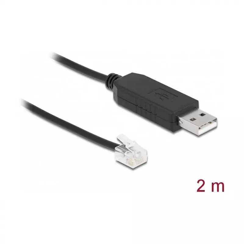 Adaptera kabelis DeLOCK USB Type-A uz seriālo RS-232 RJ12 ar ESD aizsardzību, 2 m, melns