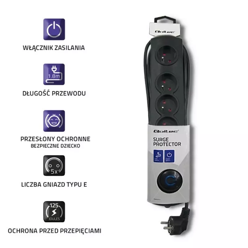 Pārsprieguma aizsargs Qoltec 50269 Melns 5 maiņstrāvas rozetes 230V