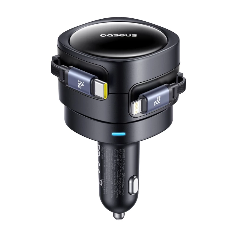 Automašīnas lādētājs Baseus Enjoyment Max 60W ar USB‑C un Lightning kabeļiem, divu portu ātrā uzlāde