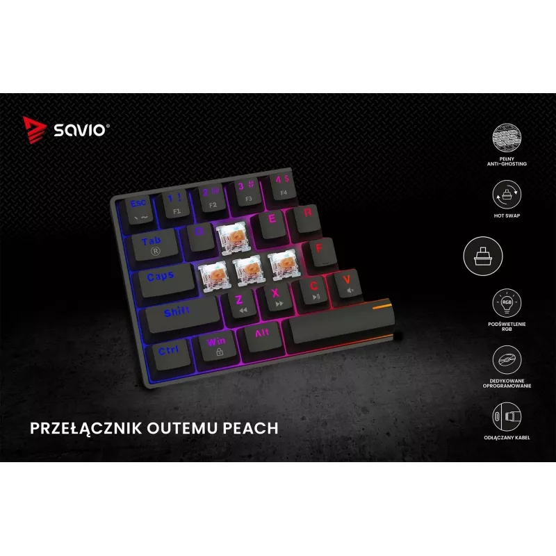 Mehāniskā spēļu tastatūra SAVIO MelnsOUT X2 PEACH — 61 taustiņu 60% QWERTY, RGB LED, hot-swap, USB Type-A/Type-C, noņemams kabelis
