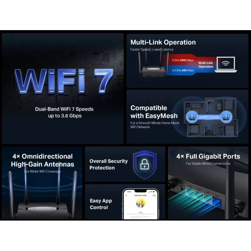 Galda maršrutētājs MERCUSYS MR25BE EasyMesh Wi‑Fi 7 divjoslu 2,4/5 GHz, 3600 Mbps, 3× Gigabit LAN, 4 ārējās antenas
