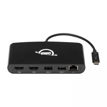 OWC Thunderbolt 3 Mini dokstacija, 5 pieslēgvietas, savieno ar diviem 4K displejiem, Gigabit Ethernet savienotājs, iebūvēts kabelis
