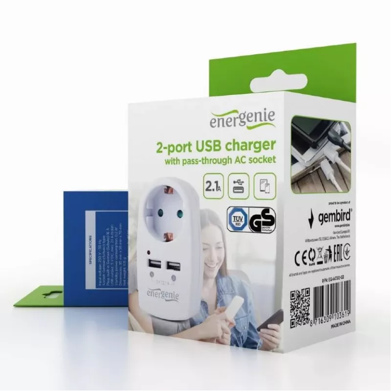Lādētājs USB ar P/T maiņstrāvas kontaktligzdu/EG-ACU2-02 Gembird