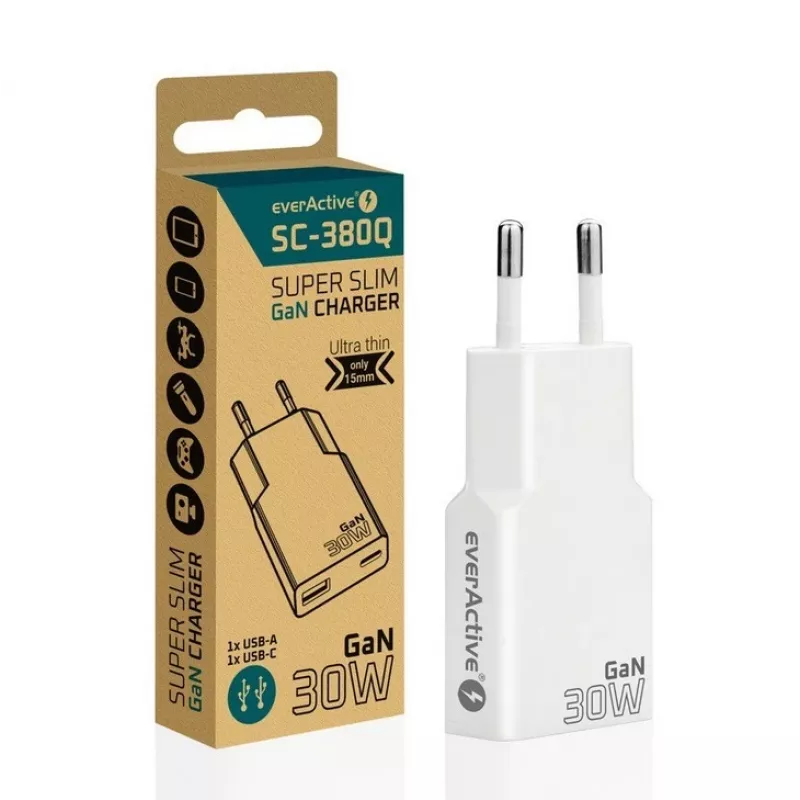 Universāls USB sienas lādētājs everActive SC-380Q Super plāns QC 3.0 — Quick Charge 3.0, kompakts dizains