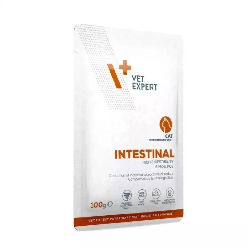Mitrā veterinārā diēta VETEXPERT Intestinal Cat 100 g — vista, olbaltumvielas 38%, tauki 20%, pieaugušiem kaķiem, aizkuņģa dziedzera mazspēja