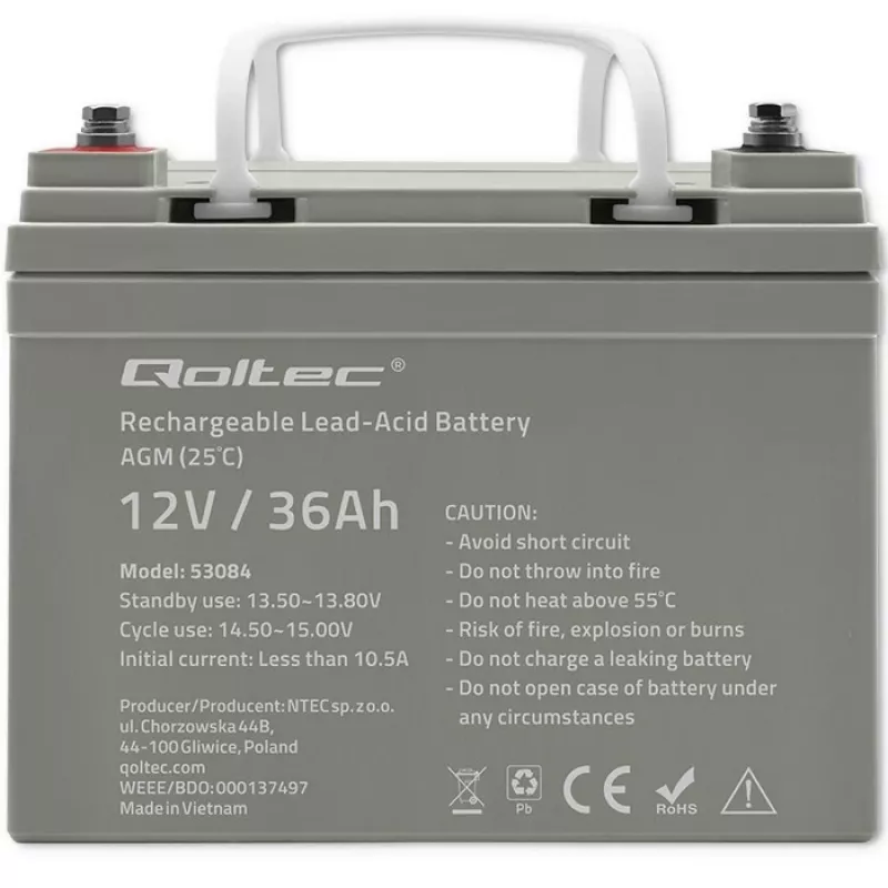 Hermētiska AGM UPS baterija QOLTEC 53084 12V 36Ah LongLife