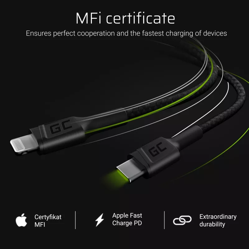 Lightning uz USB‑C kabelis zaļa Cell KABGC07, 1 m, melns, Lightning (vīrišķais) uz USB‑C (vīrišķais), 480 Mbps
