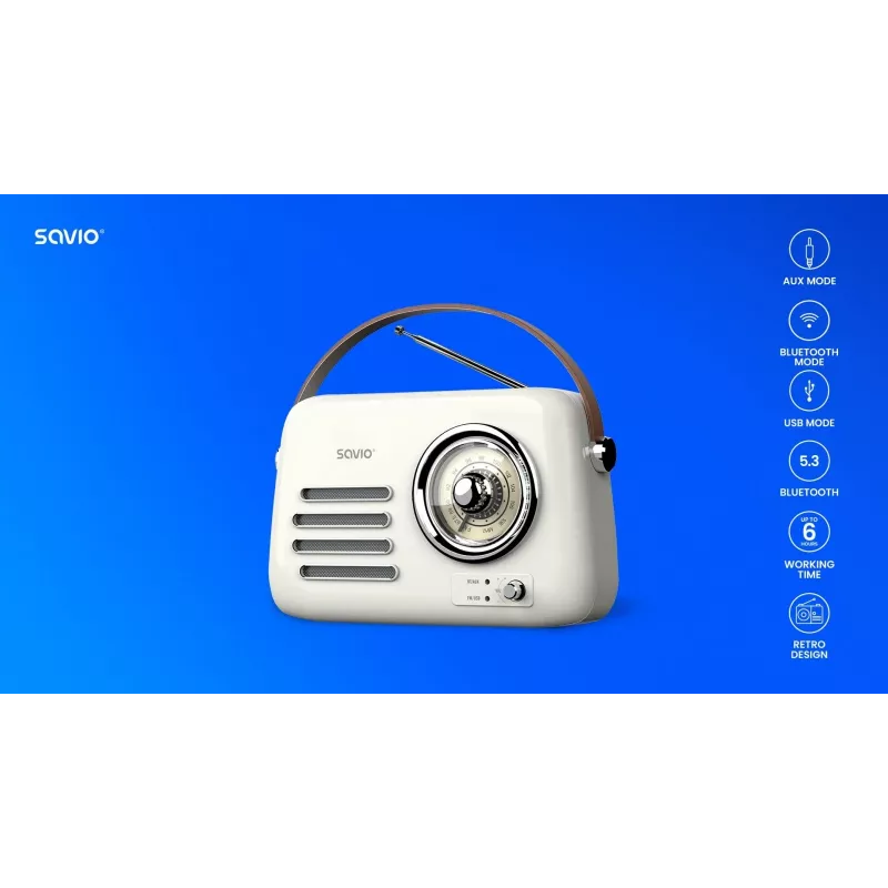 Portatīvais radio SAVIO RS-02 — analogais FM skaņotājs, Bluetooth 5.3, USB barošana, 3 W, balts