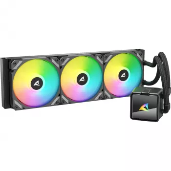 Universāls šķidruma CPU dzesētājs Sharkoon S60 ARGB — 360 mm radiators, 3×120 mm PWM ventilatori, melns
