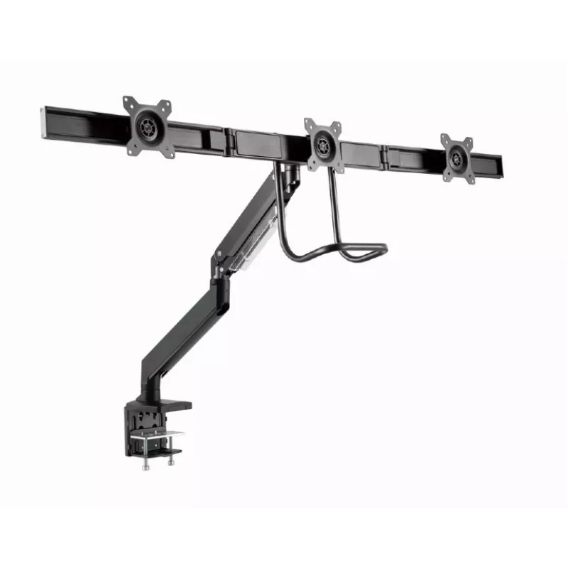 Galda monitora stiprinājums GEMBIRD MA-DA3-03, 3 sviras, gāzes atspere, VESA 75–100x100, atbalsta 3 displejus līdz 27 collām, maks. 18 kg, melns