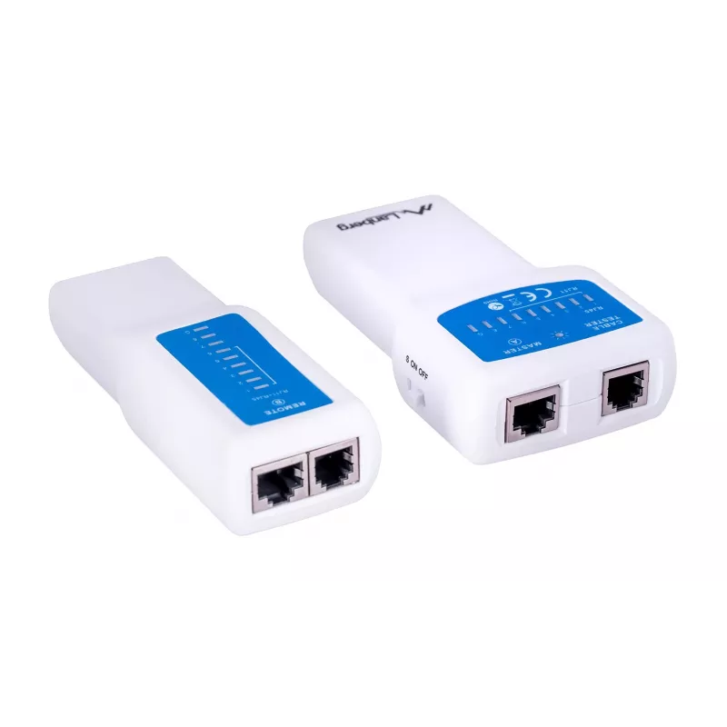 PoE testeris LANBERG NT-0402 — PoE tīkla kabeļu testeris ar RJ-45/RJ-11 atbalstu, LED indikatoriem, strāvas LED, ieslēgšanas/izslēgšanas slēdzi