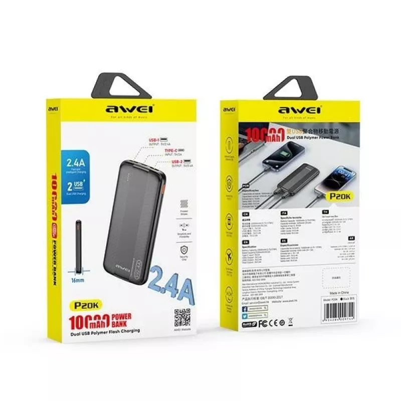 Awei PowerBank P20K 10000mAh Melns/Melns (10000mAh), Powerbank, Melns