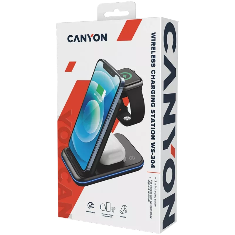 CANYON bezvadu lādētājs WS-304 15W 3in1 Melns