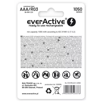 Uzlādējamās AAA NiMH baterijas everActive EVHRL03-550 1.2V 550mAh iepakojumā pa 4, cilindriskas R03