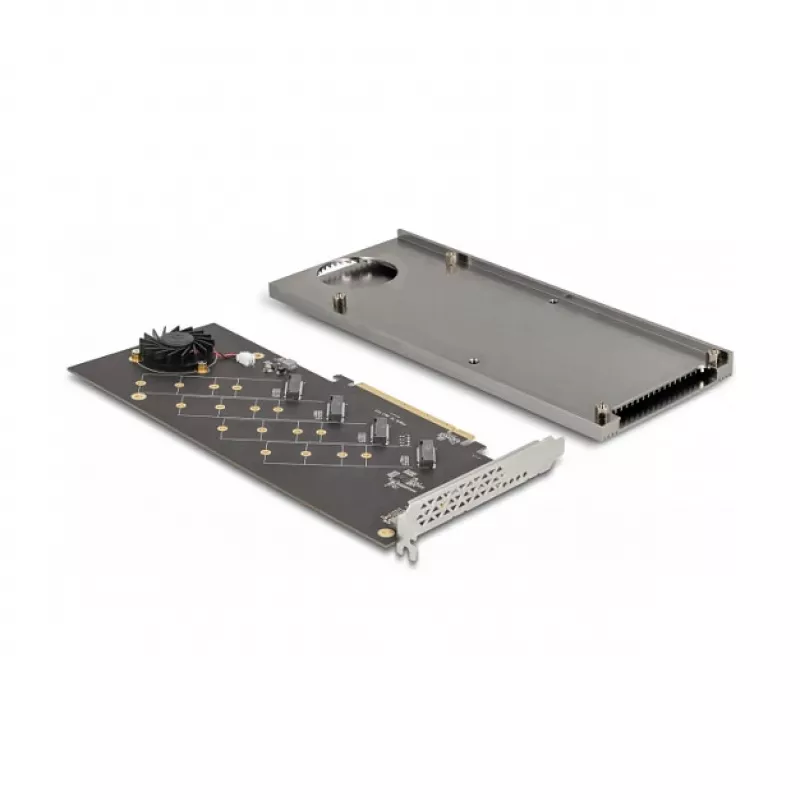 DeLOCK PCI Express 4.0 x16 karte ar 4 iekšējiem NVMe M.2 Key M slotiem, dzesēšanas radiatoru un ventilatoru
