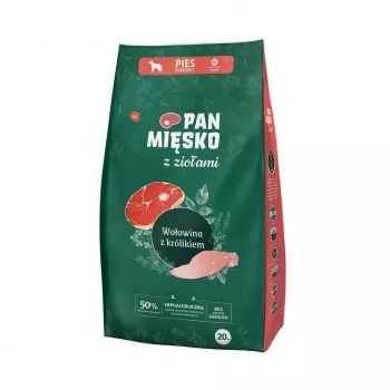 Sausā suņu barība Pan Miesko Mr. Meat ar garšaugiem liellopu gaļa ar trusi M 20 kg maisiņš, vidēja izmēra šķirnēm, olbaltumvielas 30% tauki 20%