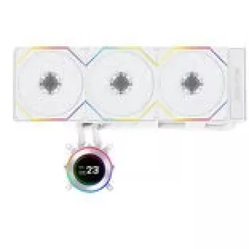 Viss-vienā šķidruma dzesētājs Lian Li Hydroshift II LCD-C 360TL — 120 mm ventilatori, 200–2600 RPM, FDB, balts