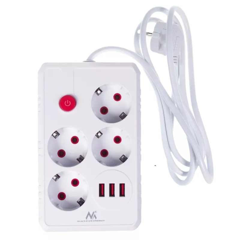 Strāvas sadalītājs MACLEAN MCE392 W — 4 F tipa kontaktligzdas, 3×USB A, 110–240 V, maks. 2,1 A, 2500 W, 1,5 m kabelis, balts