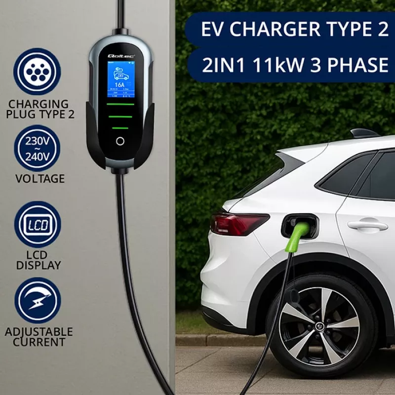 Elektromobiļu lādētājs QOLTEC Mobile EV 2in1 Type2 11 kW 400 V Wi‑Fi TUYA SMART LIFE LCD pārnēsājama sienas kārba 5 m kabelis