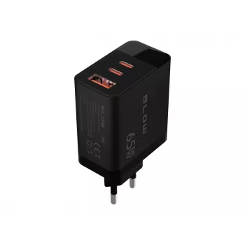 LCD sienas lādētājs USB ligzda + USB-Cx2 PD 65W GAN melns jaudas mērītājs