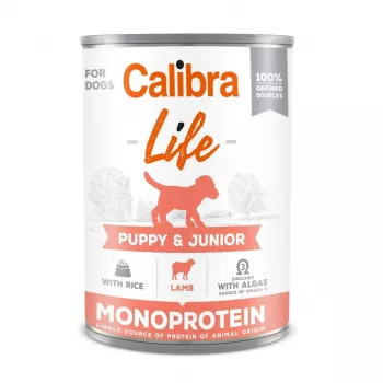 Slapjā suņu barība Calibra Puppy & Junior Lamb & Rice — 400 g, pilnvērtīga slapjā barība alerģiskiem kucēniem, olbaltumvielas 9,5%, tauki 7,5%