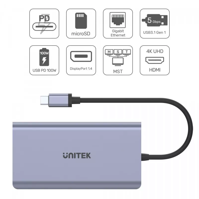 Hub UNITEK uHUB S7 USB 3.2 Gen 1 Type-C pelēka