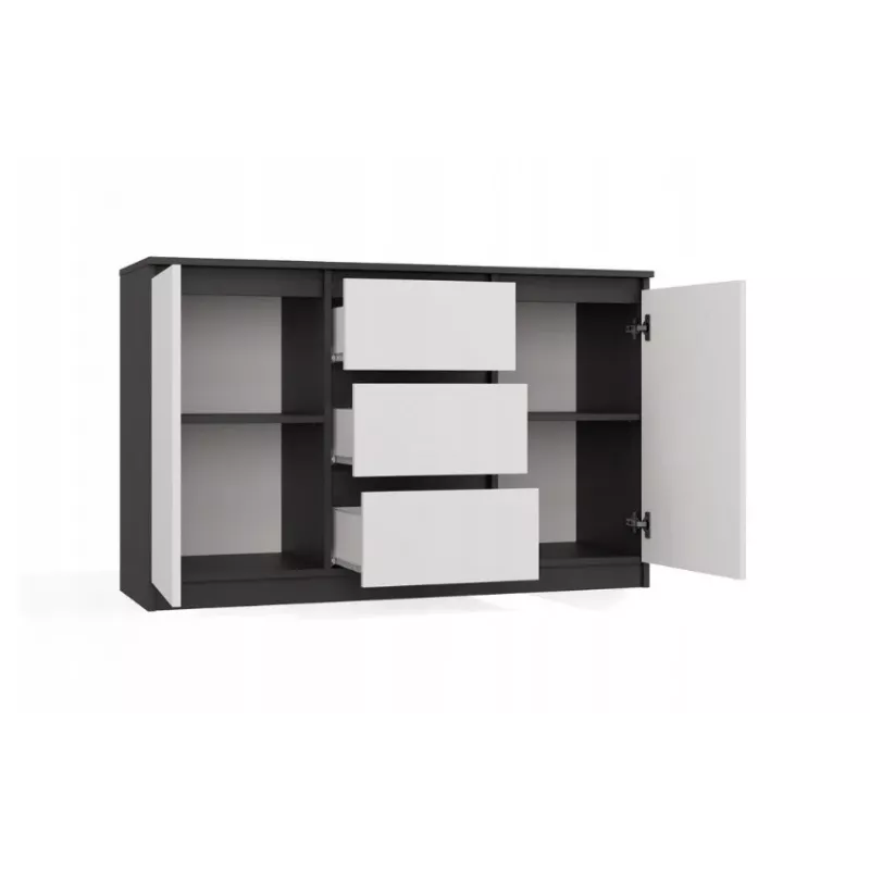 Kumode 2 durvis 3 atvilktnes top e shop M-MP-K-MAL-2D3S-ANTBIA — Antracīta rāmis, Baltas durvis, 1200×750×400 mm