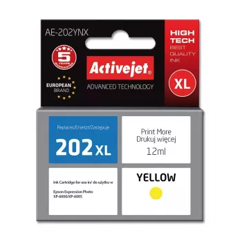 Tintes kasetne ActiveJet AE-202YNX dzeltena, saderīga ar Epson 202XL, 12 ml uz krāsvielas bāzes, augsta (XL) ietilpība, viena paka