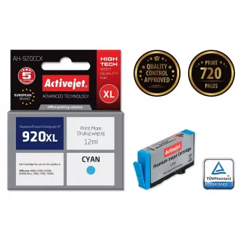 ActiveJet AH-920CCX tintes kasetne, saderīga ar HP 920XL ciāna, 12 ml, augsta (XL) ietilpība, atjaunota premium