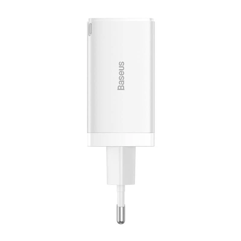 Sienas lādētājs Baseus GaN5 Pro 65W — USB + 2×USB-C (QC3.0, PD3.0) ar 1 m USB-C kabeli, balts